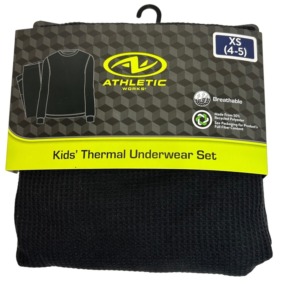 Athletic Works Kids Thermal Underwear Set XS 4-5 Rich Black Waffle Knit 2pc New